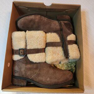 UGG Blayre II Sherpa Lined Boot Sheepskin Brown 7.5 Zip Buckle Cozy west heel